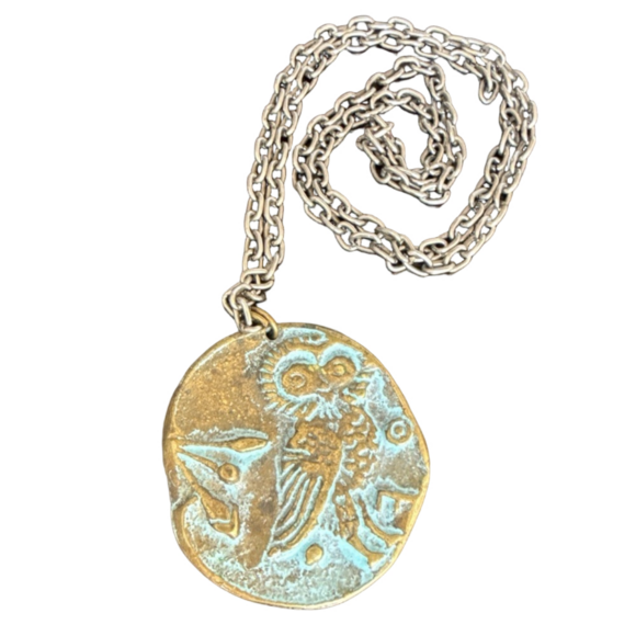 Brass Owl Boy Coin Pendant Necklace Vintage 14 Inch - Picture 3 of 4